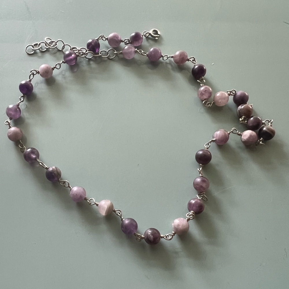 Semi Precious Beaded Amethyst Choker Sterling Necklace - Picture 2 of 5